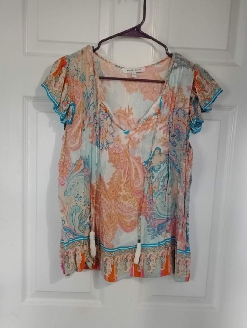 Bobbie Brooks Paisley V-Neck Short Sleeve Top - Peach, Aqua, Coral